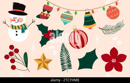 Natale, Capodanno, icona delle feste, grande set. Collezione Flat Style. illustrazione vettoriale. Illustrazione Vettoriale