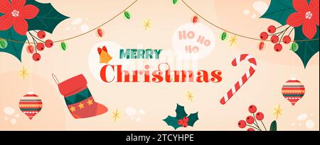 Buon Natale e Capodanno sfondi e biglietti d'auguri con disegni di fiori e foglie. illustrazione grafica vettoriale in stile design piatto. Illustrazione Vettoriale