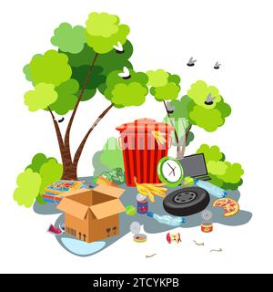 Un cestino con una varietà di rifiuti non ordinati su uno sfondo di alberi verdi. Concetto di conservazione dell'ambiente. Illustrazione vettoriale Illustrazione Vettoriale