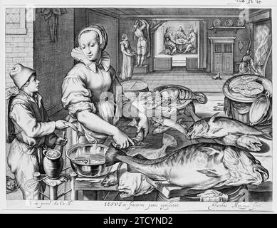 Scena della cucina con Kitchen Maid Preparing Fish, Christ at Emmaus in the background, from Kitchen and Market Scenes with Biblical Scenes in the background 1949 di Jacob Matham Foto Stock