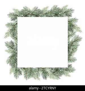 Cornice quadrata ad acquerello con rami di conifere, albero di Natale, disegno a mano di rami di abete verde, rami di pino naturale su sfondo bianco, na Foto Stock