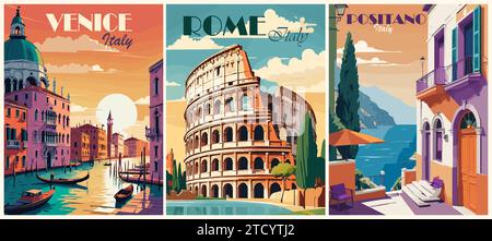 Set di poster da viaggio in Italia in stile retrò vettoriale. Illustrazione Vettoriale