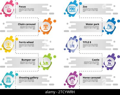 Infografica con icone a tema Amusment Park, 10 passi. Come la messa a fuoco, il carosello a catena, la ruota panoramica, il paraurti e altro ancora. Illustrazione Vettoriale