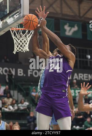 La guardia di Tulane Green Wave tre' Williams (13) blocca l'attaccante dei Furman Paladins Alex Williams (24) colpito durante una partita di basket maschile alla Fogleman Arena di New Orleans, Louisiana, giovedì 14 dicembre 2023. (Foto di Peter G. Forest/Sipa USA) credito: SIPA USA/Alamy Live News Foto Stock