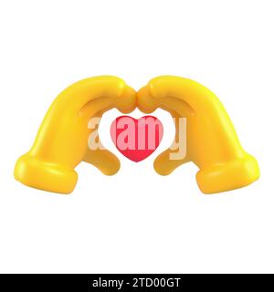 Mani emoji gialle a forma di cuore. Mani isolate in un gesto d'amore romantico Foto Stock