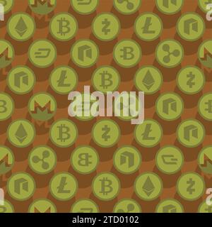 Schema militare di criptovaluta senza soluzione di continuità. Sfondo Bitcoin ed Ethereum Army, soldato Monero e Litecoin e ornamento protettivo. Illustrazione Vettoriale