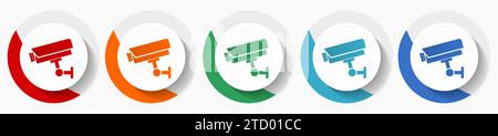 Set di icone vettoriali per telecamere CCTV, icone piatte per la progettazione di logo, Web design e applicazioni mobili, pulsanti rotondi colorati Illustrazione Vettoriale