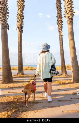Vista posteriore completa del corpo di una giovane donna anonima che indossa un cameriere e un cappello con pattini in linea che camminano con il cane sul sentiero del parco Foto Stock