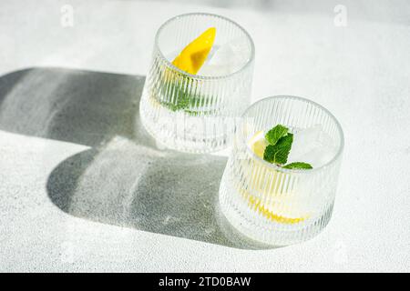 Due bicchieri di gin tonic ghiacciato impreziositi da limone e menta su una superficie soleggiata che proietta ombre morbide. Foto Stock