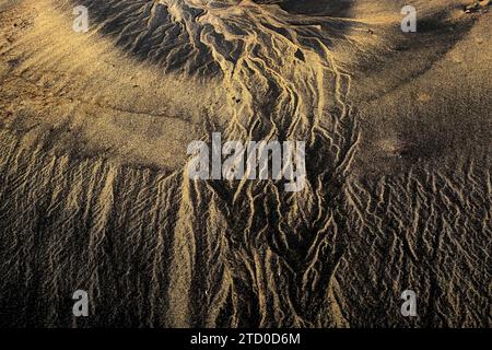 Intricati motivi sulla spiaggia sabbiosa della costa occidentale delle Asturie, in Spagna, catturati durante il tramonto, che mostrano il gioco di luce sull'asse naturale Foto Stock