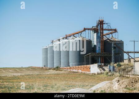 Grandi silos industriali situati in un ambiente rurale con cieli azzurri sopra, con strutture di stoccaggio agricole. Foto Stock