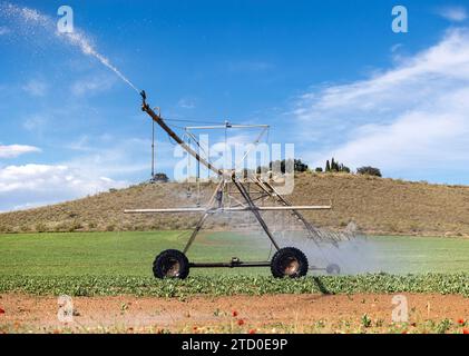 Un sistema di irrigazione a perno affonda in modo efficiente le colture agricole sotto un cielo limpido e blu, con una vegetazione lussureggiante e un paesaggio collinare ondulato sullo sfondo Foto Stock