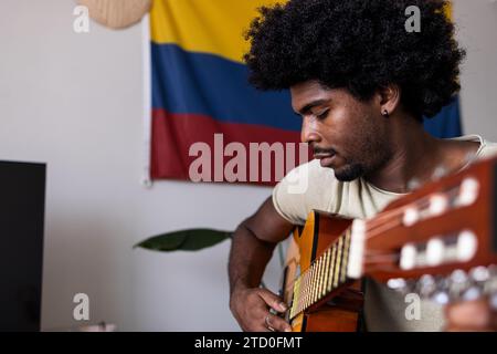 Vista laterale del ritratto di un giovane uomo serio e sicuro di sé con i capelli afro che pratica la chitarra seduto contro la bandiera colombiana a casa Foto Stock