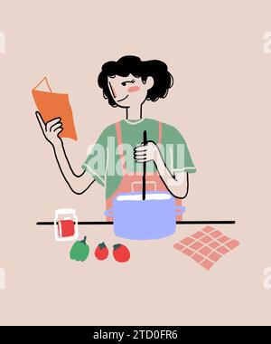 Immagine di una femmina nel grembiule che mescola il cibo in pentola mentre cucina in cucina e legge il ricettario su sfondo beige Foto Stock