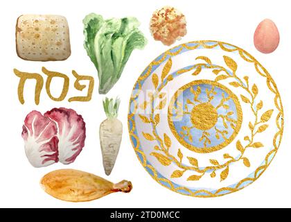 Illustrazione della targa del seder Passover ad acquerello isolata su bianco Foto Stock