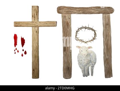 Acquerello croce di legno, agnello, corona di spine, stipite, illustrazione religiosa di sangue isolata su bianco Foto Stock