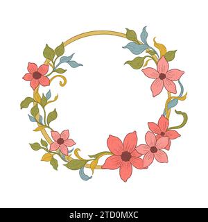 Pianta a corona floreale in art nouveau 1920-1930. Corona disegnata a mano con trame di linee, foglie e fiori. Illustrazione Vettoriale