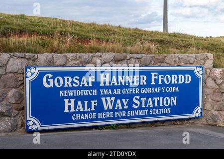 Indicazione per la stazione della funivia Great orme Tramway, Llandudno, North Wales, UK. Foto Stock