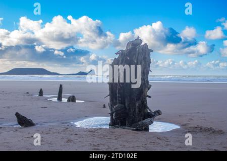 Un vecchio palo di legno sulla spiaggia di Rhossilli Foto Stock