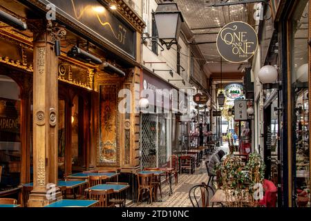 Situato nel 2° arrondissement, il Passage des Panoramas è pieno di boutique e ristoranti e il più antico dei passaggi coperti di Parigi Foto Stock