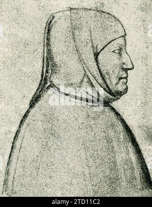 Questa illustrazione di Petraca (Petrarca) è tratta da una vecchia incisione. Francesco Petrarca (1304-1374), comunemente anglicizzato come Petrarca, fu uno studioso e poeta del primo Rinascimento italiano, e uno dei primi umanisti. La riscoperta delle lettere di Cicerone da parte di Petrarca è spesso accreditata per aver avviato il Rinascimento italiano del XIV secolo e la fondazione dell'umanesimo rinascimentale. Foto Stock