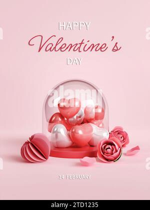 Post verticale della storia di San Valentino sui social media con diversi tipi di cuori su sfondo rosa e spazio di copia nell'illustrazione del rendering 3D. Amore Foto Stock