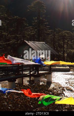 remota area di campagna vicino al lago madhuri, circondata dalle montagne dell'himalaya e dalla pineta nel distretto di tawang di arunachal pradesh, nel nord-est dell'india Foto Stock