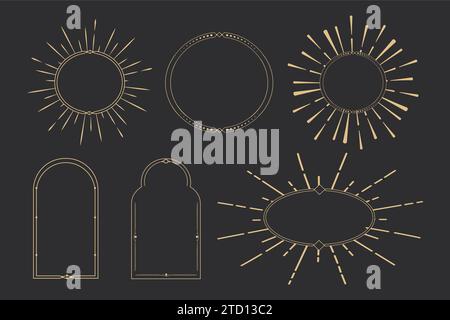 Imposta cornici celesti dorate, bordi, ovali, circolari e archi decoro minimale esoterico con scintille isolate su sfondo scuro. Illustrazione vettoriale Illustrazione Vettoriale