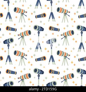 Telescopio modello senza cuciture in stile cartone animato piatto per l'educazione dei bambini a scuola, adesivi, scrapbooking, asilo nido Illustrazione Vettoriale