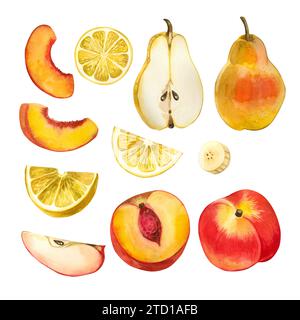 Set di illustrazioni acquerello. Frutta succosa pera, nettarina, limone, fette di frutta e mela disegnate a mano in acquerello. Adatto per la stampa Foto Stock