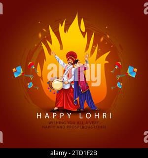 Felice festival Lohri di Punjab India sfondo. gruppo di persone che giocano a lohri dance. disegno del banner di illustrazione vettoriale Illustrazione Vettoriale