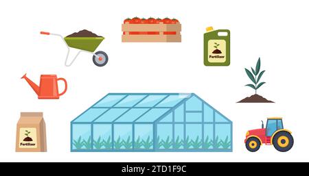 Serra e diversi elementi agricoli. Fertilizzanti, trattore, carrello, annaffiatoio. Serie di icone sul tema dell'azienda agricola. Illustrazione vettoriale Illustrazione Vettoriale