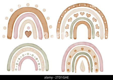 Boho Rainbow set di illustrazioni per Baby Shower. Schizzo disegnato a mano in stile scandinavo per la stanza dei bambini su sfondo isolato. Grazioso disegno pastello per un design infantile. Foto Stock