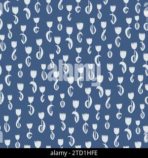 Motivo floreale bianco su sfondo blu, piccoli tulipani disegnati a mano, composizione piatta e all-over. Illustrazione Vettoriale