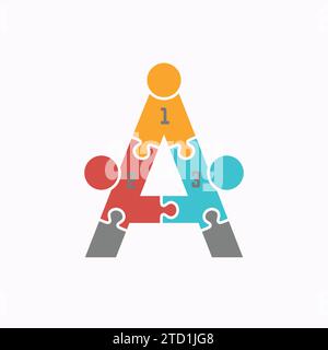 Logo icona risultato collaborativo - figure stilizzate sui pezzi del puzzle A incastro che formano una lettera A che simboleggia il lavoro di squadra e il completamento degli obiettivi Illustrazione Vettoriale