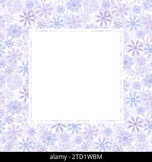 Fiocchi di neve cornice quadrata, cristalli di ghiaccio lilla blu. Simbolo dell'inverno, clima freddo. Biglietto per Capodanno e Natale. Acquerello disegnato a mano Foto Stock