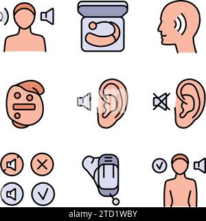 Set di icone a colori per apparecchi acustici. Uditivo. Apparecchio acustico e uditivo. Non ascoltare. Cerca uditivo. Icone vettoriali impostate. Pittogramma di stile semplice. Per un udito migliore, Illustrazione Vettoriale