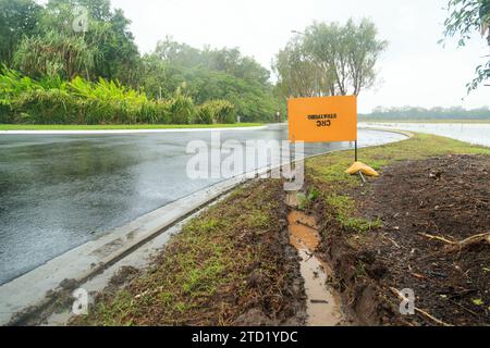 15 dicembre 2023, Cairns, Queensland, Australia: Tracce di pneumatici dopo inondazioni portate dal Tropical Cyclone Jasper nel sobborgo di Holloways Beach a Cairns. Il ciclone tropicale Jasper sbarcò sulla regione di Cairns come sistema di categoria 2 mercoledì 13 dicembre, portando a grandi inondazioni, detriti e venti potenti. Molti nell'estremo nord del Queensland hanno familiarità con le tempeste tropicali, ma il terreno variabile e le condizioni precedenti del terreno e della costa continuano a portare nuovi problemi come le inondazioni improvvise e l'erosione. Alcune aree come i sobborghi delle spiagge settentrionali possono diventare flo Foto Stock