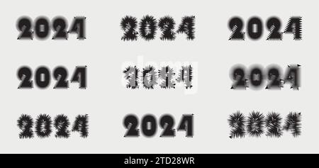 Grande set di modelli di design a 2024 numeri. Collezione natalizia del 2024. Buon anno nuovo. Etichette nere con logo. Illustrazione Vettoriale