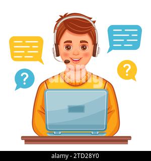 Operatore del servizio di assistenza clienti online, consulente di call center, icona di assistenza telefonica telefonica. Uomo con cuffie, computer che parla con il cliente. Vettore Illustrazione Vettoriale