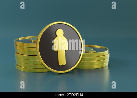 Monete d'oro impilate con figure di persone. illustrazione 3d. Foto Stock