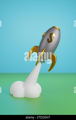 Astronave dei cartoni animati che decolla con il simbolo del dollaro. illustrazione 3d. Foto Stock