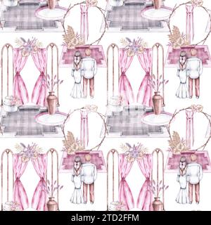 Modello di matrimonio con sposi novelli, accessori, cerimonia, fiori su sfondo bianco. Modello nuziale ad acquerello in stile boho per il design tessile, pri Foto Stock