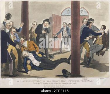 Il primo ministro britannico Spencer Perceval viene assassinato da John Bellingham, disegnato da John Heaviside Clark. L'11 maggio 1812, alle 17:15 circa, Spencer Perceval, primo ministro del Regno Unito di Gran Bretagna e Irlanda, fu ucciso nella lobby della camera dei comuni da John Bellingham, un mercante di Liverpool con una lagnanza contro il governo. Perceval rimane l'unico primo ministro britannico ad essere stato assassinato. Foto Stock