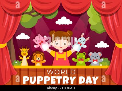 Illustrazione vettoriale del World Puppetry Day il 21 marzo per i festival dei marionetti, che viene mosso dalle mani delle dita in Flat Kids Cartoon background Design Illustrazione Vettoriale