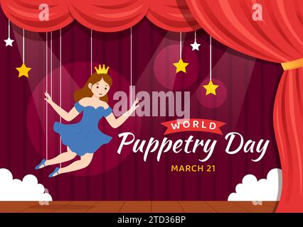 Illustrazione vettoriale del World Puppetry Day il 21 marzo per i festival dei marionetti, che viene mosso dalle mani delle dita in Flat Kids Cartoon background Design Illustrazione Vettoriale