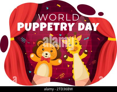 Illustrazione vettoriale del World Puppetry Day il 21 marzo per i festival dei marionetti, che viene mosso dalle mani delle dita in Flat Kids Cartoon background Design Illustrazione Vettoriale