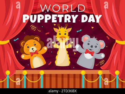 Illustrazione vettoriale del World Puppetry Day il 21 marzo per i festival dei marionetti, che viene mosso dalle mani delle dita in Flat Kids Cartoon background Design Illustrazione Vettoriale