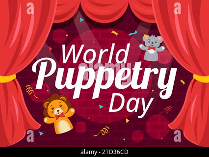 Illustrazione vettoriale del World Puppetry Day il 21 marzo per i festival dei marionetti, che viene mosso dalle mani delle dita in Flat Kids Cartoon background Design Illustrazione Vettoriale