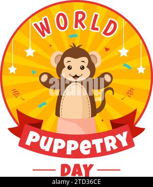 Illustrazione vettoriale del World Puppetry Day il 21 marzo per i festival dei marionetti, che viene mosso dalle mani delle dita in Flat Kids Cartoon background Design Illustrazione Vettoriale